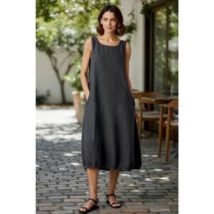 EILEEN FISHER Size M Petite WASHED ORGANIC LINEN DELAVE LANTERN DRESS GRAPHITE